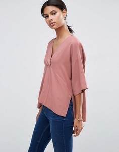 Саржевый топ-кимоно с V-образным вырезом ASOS - Розовый