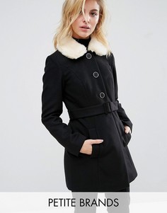 Пальто с завязкой и искусственным меховым воротником Miss Selfridge Petite - Черный