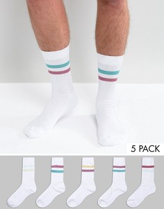 Набор из 5 пар белых спортивных носков в косую полоску ASOS - Белый