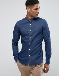 Темная джинсовая рубашка скинни с воротником на пуговице ASOS - Темно-синий