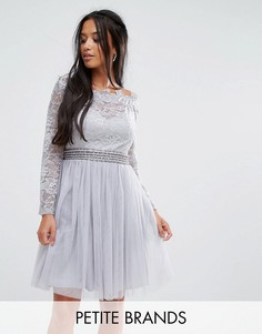 Короткое приталенное платье для выпускного с кружевным топом и открытыми плечами Little Mistress Petite - Серый