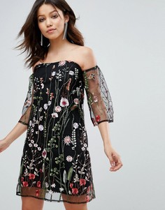 Платье с открытыми плечами и цветочной вышивкой Parisian - Черный