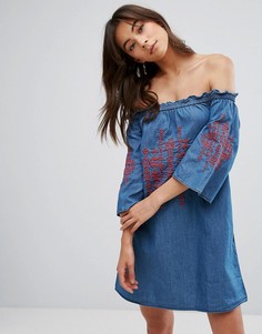 Джинсовое платье с открытыми плечами и вышивкой Parisian - Синий