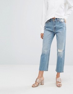 Укороченные джинсы с классической талией и рваной отделкой EVIDNT - Синий