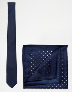 Темно-синий однотонный галстук и платок для нагрудного кармана в горошек New Look - Темно-синий