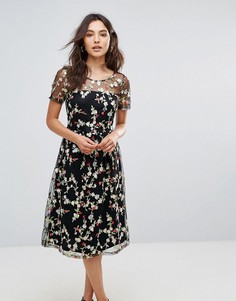 Платье миди с цветочной вышивкой и полупрозрачными рукавами Liquorish - Черный