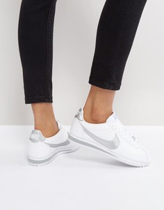 Белые кожаные классические кроссовки с серебристой отделкой Nike Cortez - Белый
