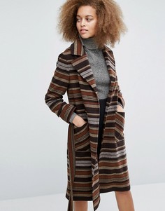 Пальто в коричневую и бежевую полоску с поясом Helene Berman Becca - Мульти
