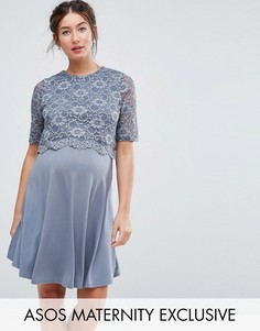 Короткое приталенное платье в два слоя с кружевом ASOS Maternity NURSING - Серый