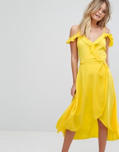 Платье миди с запахом и оборками New Look - Желтый
