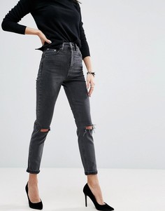 Черные выбеленные джинсы слим в винтажном стиле с завышенной талией и рваными коленями ASOS Farleigh - Черный
