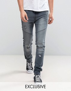 Рваные байкерские джинсы скинни выбеленного серого цвета Liquor & Poker - Серый