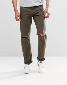 Узкие джинсы стретч цвета хаки с рваными коленками ASOS - Зеленый