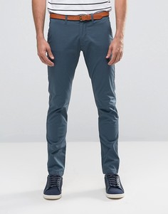 Узкие стретчевые брюки чинос с ремнем Selected Homme - Синий