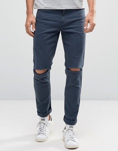 Темно-синие облегающие джинсы с рваными коленями ASOS - Синий