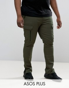 Суперузкие брюки-карго хаки с молниями на карманах ASOS PLUS - Зеленый