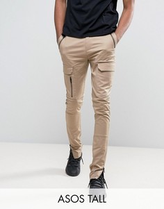 Супероблегающие брюки песочного цвета с карманами карго на молнии ASOS TALL - Светло-серый