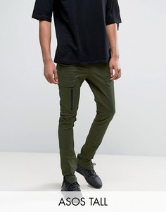 Супероблегающие брюки цвета хаки с карманами карго на молнии ASOS TALL - Зеленый