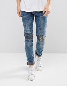 Облегающие светло-синие байкерские джинсы с рваной отделкой на коленях Religion - Синий