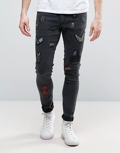Черные выбеленные джинсы скинни с нашивками ASOS - Черный