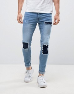 Синие супероблегающие джинсы с заплатками New Look - Синий
