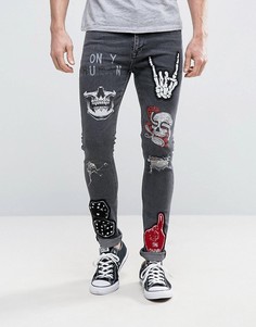 Черные суперузкие джинсы с нашивками и рваной отделкой ASOS - Черный