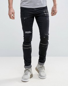 Черные супероблегающие джинсы с молниями и прорехами ASOS - Черный
