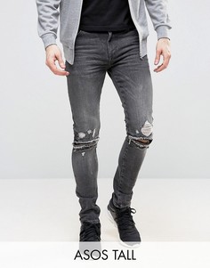 Выбеленные черные супероблегающие джинсы с рваными коленями ASOS TALL - Черный