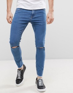 Укороченные джинсы скинни с рваными коленками и необработанным краем Only & Sons - Синий
