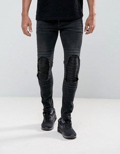 Черные байкерские супероблегающие джинсы с рваной отделкой и вставками из искусственной кожи ASOS - Черный