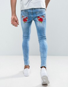 Супероблегающие джинсы с цветочной вышивкой Rose London - Синий