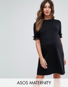 Платье-футболка из понте с кружевными оборками на рукавах ASOS Maternity - Черный