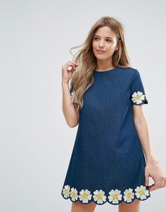 Джинсовое платье с короткими рукавами и цветочной вышивкой The English Factory - Синий