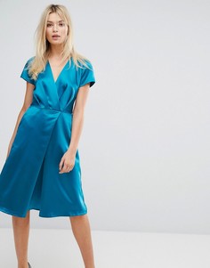 Атласное платье миди с короткими рукавами Closet - Зеленый