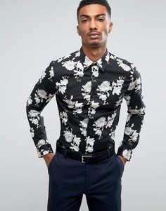 Строгая приталенная рубашка с цветочным принтом Burton Menswear - Черный