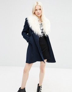 Пальто-бушлат с отделкой искусственным мехом ASOS - Темно-синий