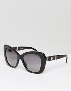 Солнцезащитные очки кошачий глаз с отделкой из кожи Versace - Черный