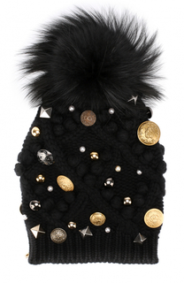 Кашемировая шапка фактурной вязки с меховым помпоном и брошками Dolce &amp; Gabbana