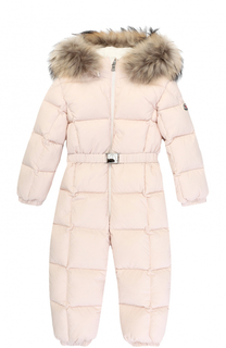 Пуховый комбинезон с капюшоном и меховой отделкой Moncler Enfant