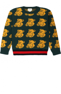 Шерстяной пуловер с принтом и контрастной отделкой Gucci