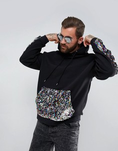 Худи с пайетками на кармане и рукавах ASOS - Черный
