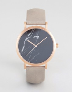 Часы с кожаным ремешком и мраморным принтом на черном циферблате CLUSE La Roche - Серый