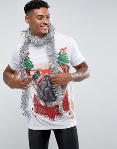 Длинная футболка с принтом мопса и эффектом блесток ASOS Christmas - Белый