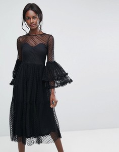 Платье миди из прозрачной сетки с оверсайз-рукавами Lace and Beads - Черный