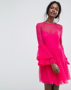 Платье мини из прозрачной сетки с оверсайз-рукавами Lace & Beads - Розовый