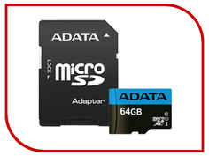 Карта памяти 64Gb - A-Data Premier - Micro Secure Digital HC Class 10 UHS-I AUSDX64GUICL10_85-RA1 с переходником под SD