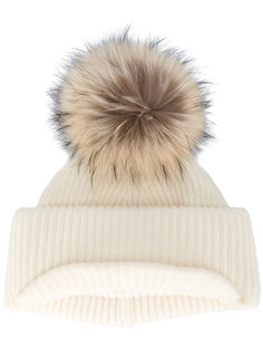 Neutral Ribbed  Cashmere Hat with Visor and Fur Pom Pom Inverni