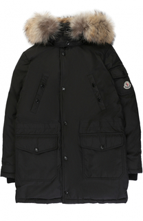 Пуховая парка на молнии с капюшоном и меховой отделкой Moncler Enfant