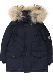 Пуховая парка на молнии с капюшоном и меховой отделкой Moncler Enfant