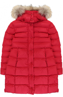 Пуховое пальто с капюшоном и меховой отделкой Moncler Enfant